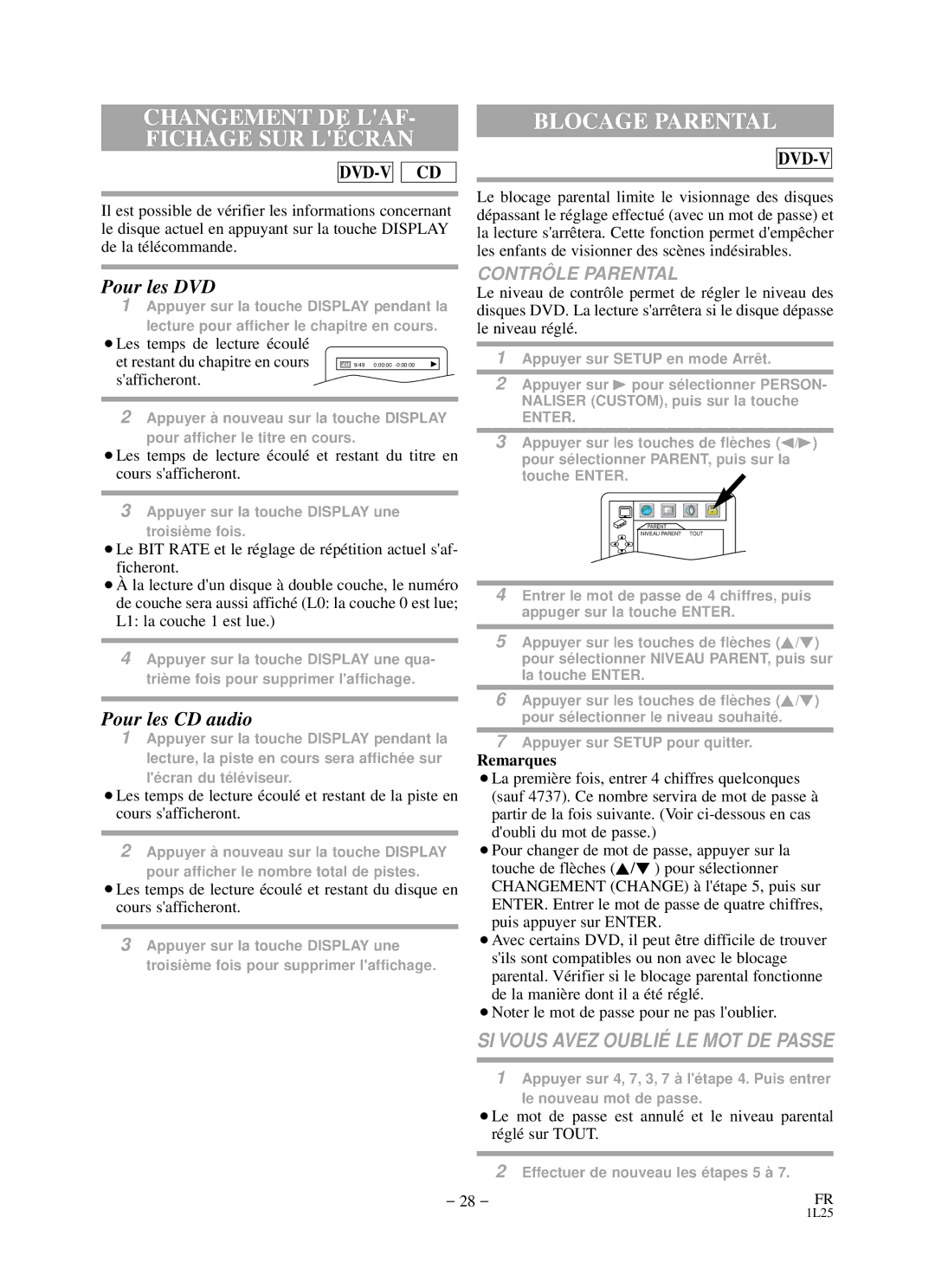 Durabrand DCD2203 owner manual Changement DE LAF- Fichage SUR LÉ Cran, Blocage Parental, Contrô LE Parental 