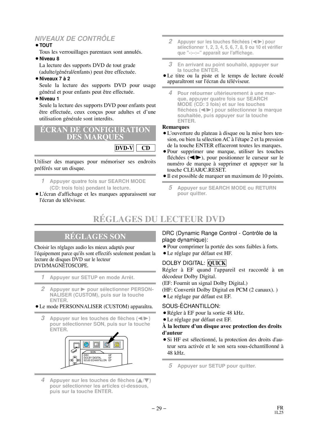 Durabrand DCD2203 owner manual RÉ Glages DU Lecteur DVD, RÉ Glages SON, Cran DE Configuration DES Marques 