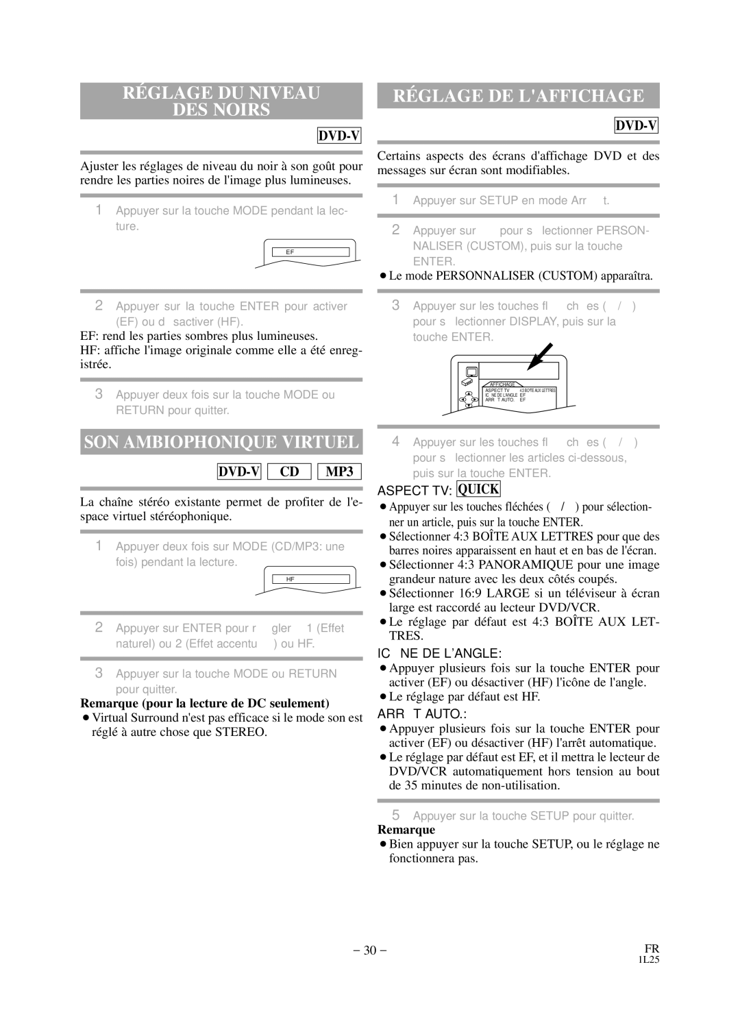 Durabrand DCD2203 owner manual RÉ Glage DU Niveau DES Noirs, RÉ Glage DE Laffichage, SON Ambiophonique Virtuel 