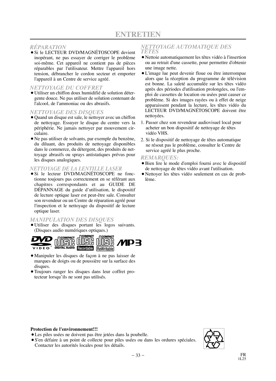 Durabrand DCD2203 owner manual Entretien, Protection de lenvironnement 