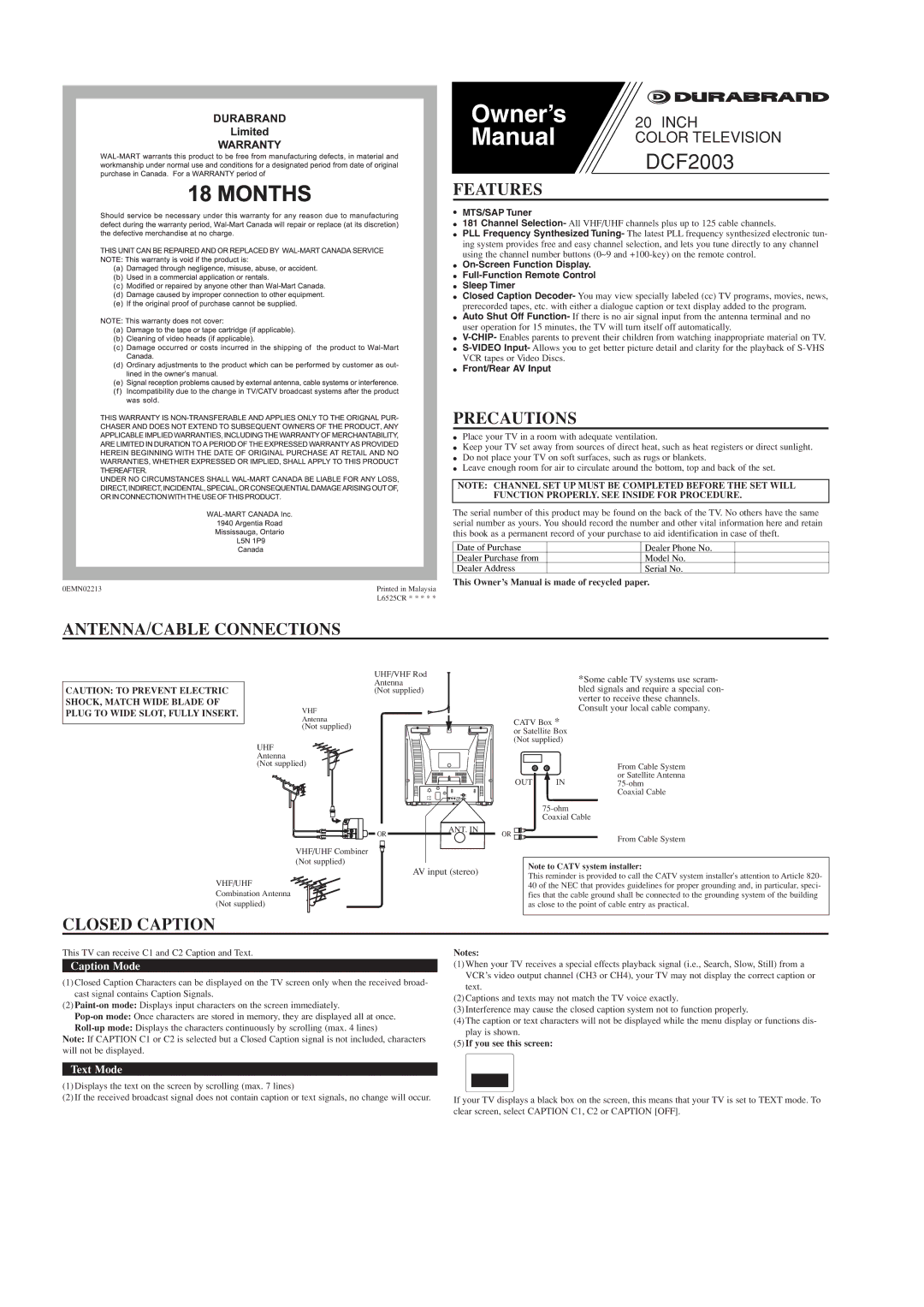 Durabrand DCF2003 owner manual Features, Precautions, ANTENNA/CABLE Connections, Closed Caption 