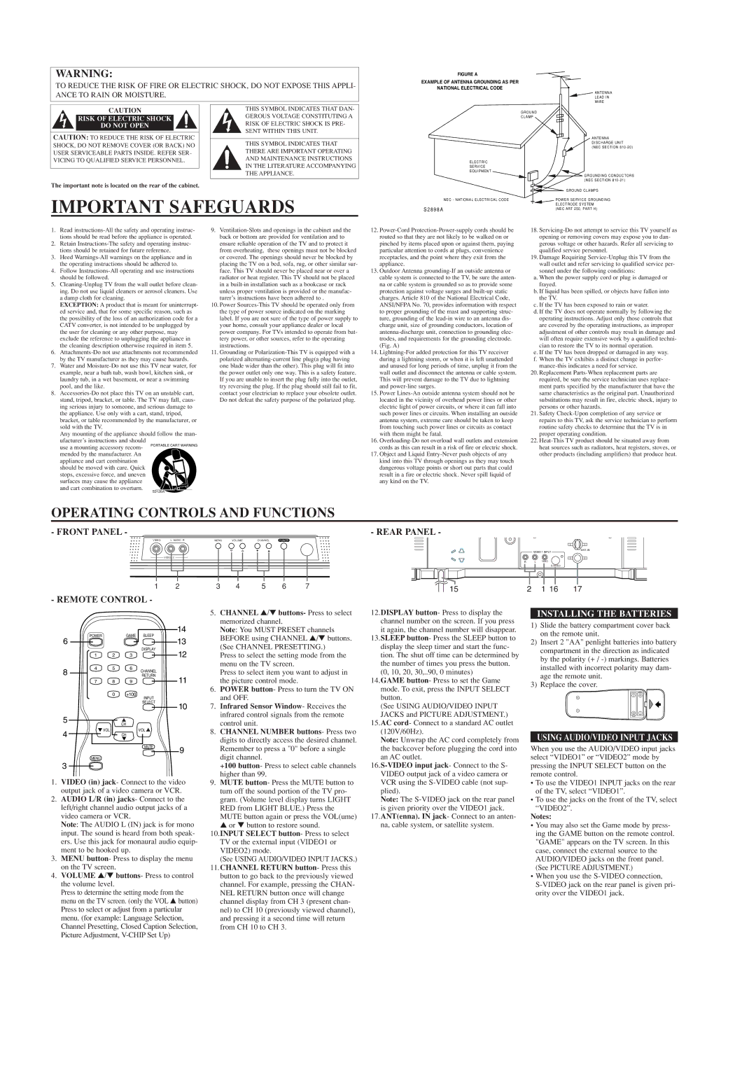 Durabrand DCF2003 owner manual Important Safeguards, Rear Panel, Installing the Batteries 