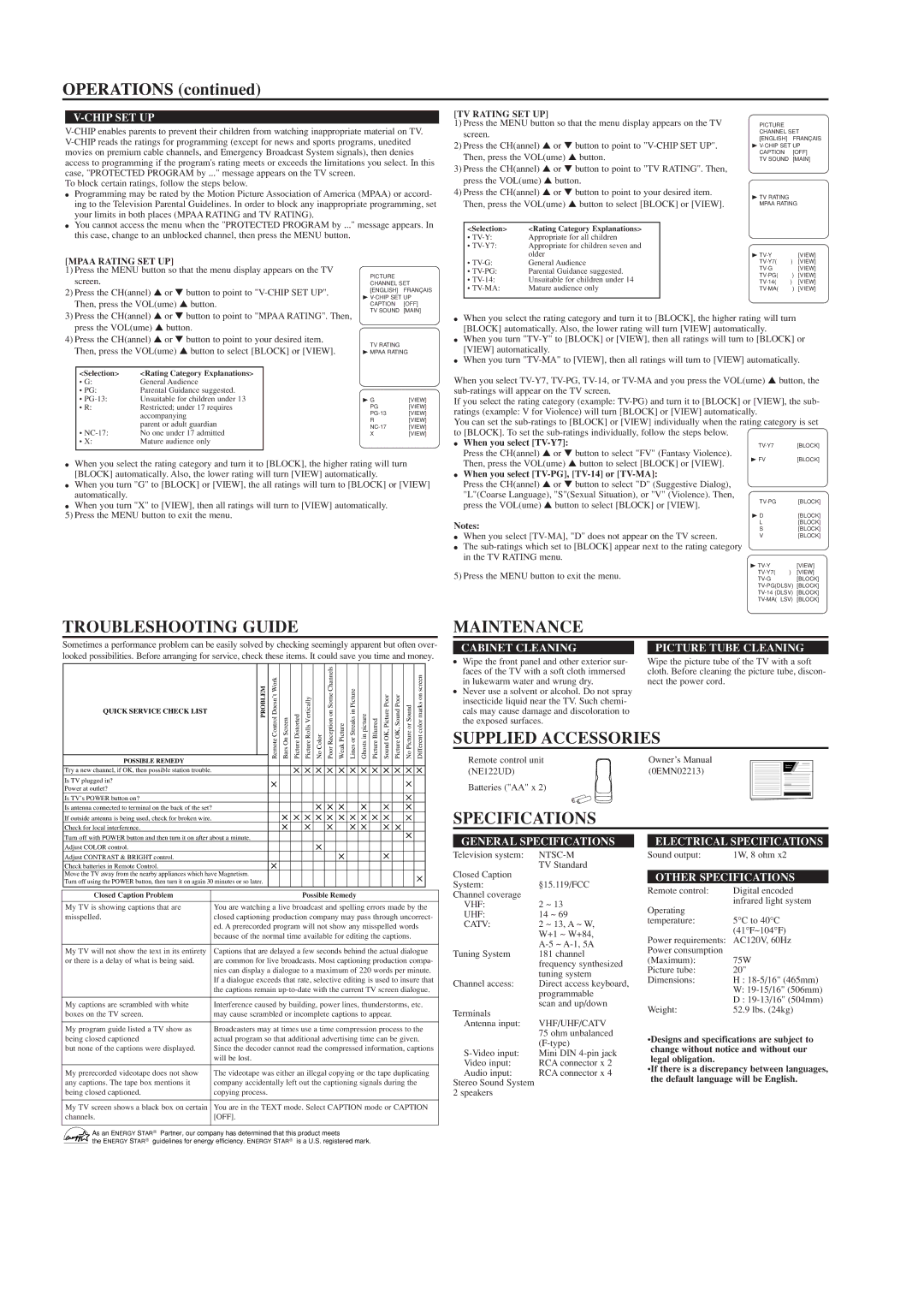 Durabrand DCF2003 owner manual Operations, Troubleshooting Guide, Maintenance, Supplied Accessories, Specifications 