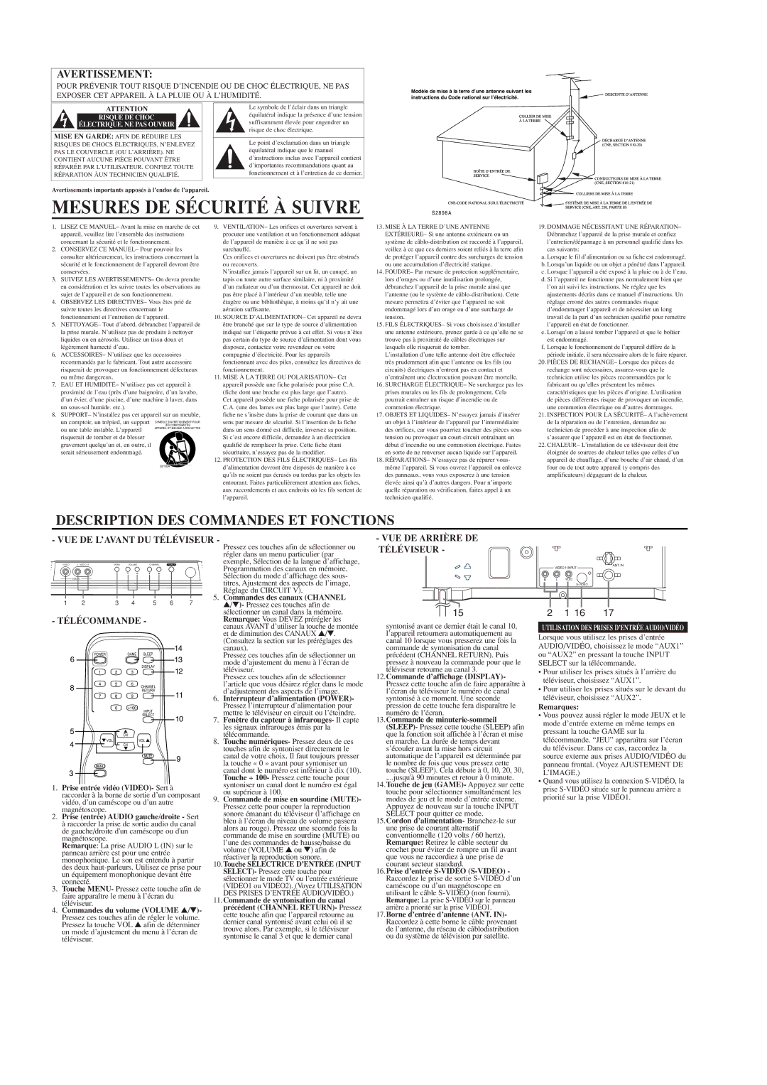 Durabrand DCF2003 Mesures DE Sécurité À Suivre, Description DES Commandes ET Fonctions, Téléviseur, Télécommande 