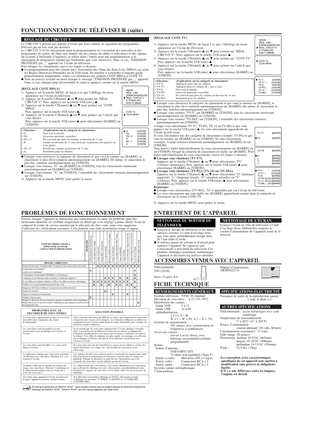 Durabrand DCF2003 owner manual Fonctionnement DU Téléviseur suite, Problèmes DE Fonctionnement Entretient DE L’APPAREIL 