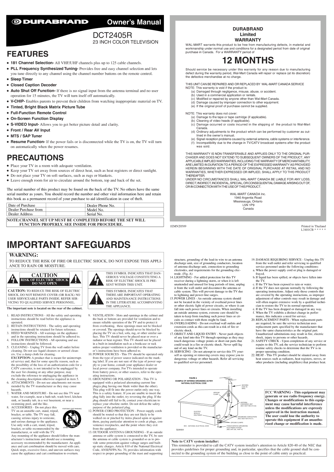 Durabrand DCT2405R owner manual Important Safeguards, Features, Precautions, Sleep Timer Closed Caption Decoder 