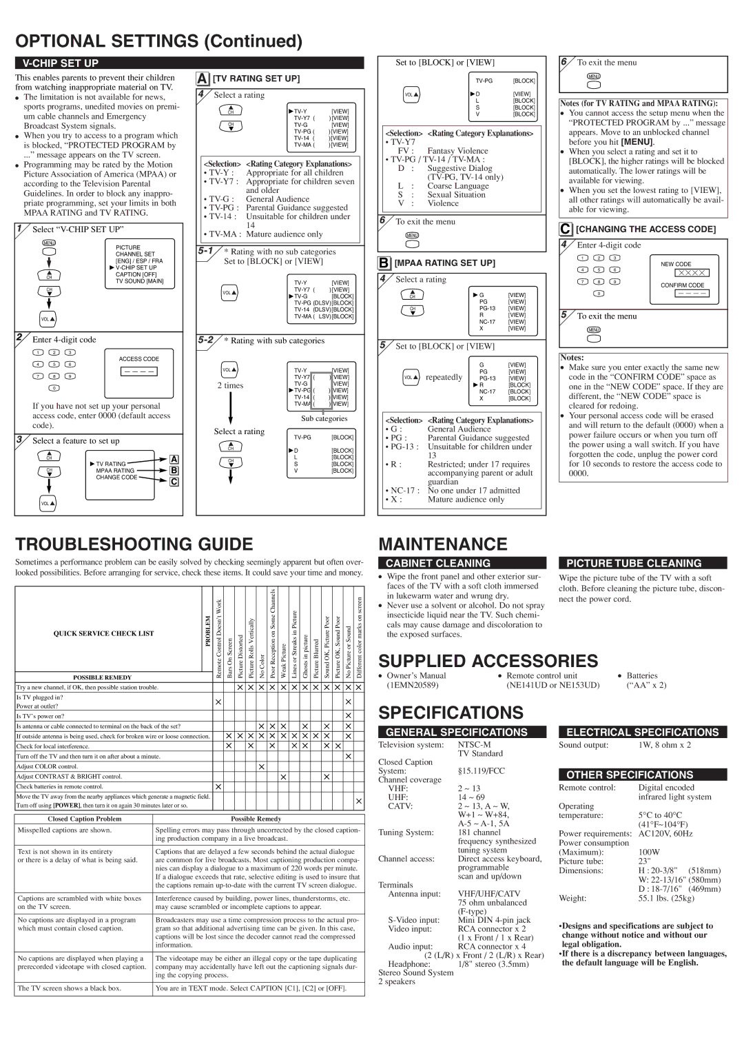 Durabrand DCT2405R owner manual Optional Settings, Troubleshooting Guide, Maintenance, Specifications 