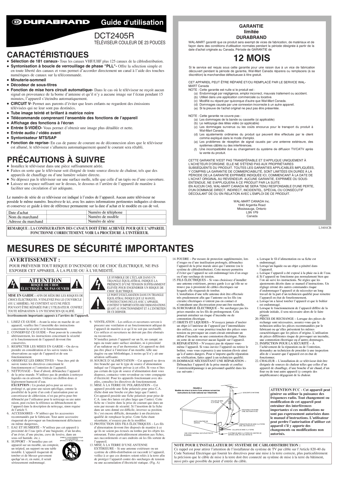 Durabrand DCT2405R owner manual Mesures DE Sécurité Importantes, Caractéristiques, Précautions À Suivre 