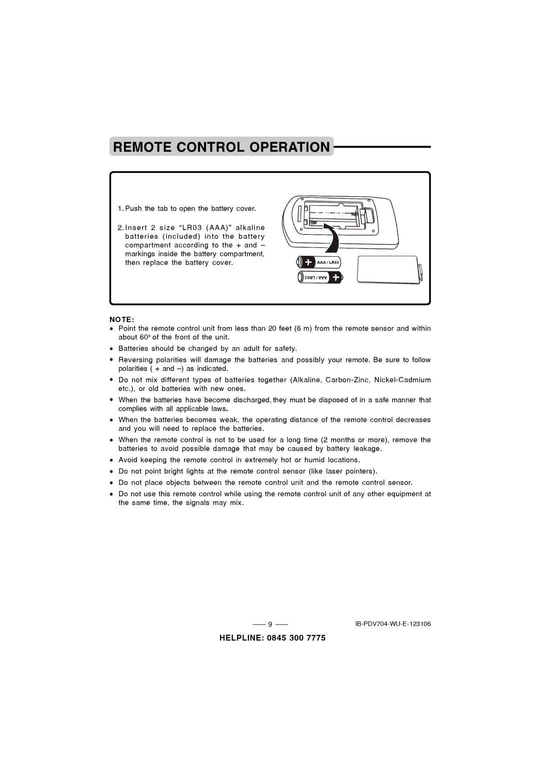 Durabrand PDV-704 instruction manual Remote Control Operation 