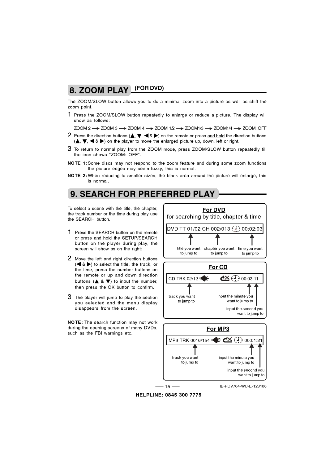 Durabrand PDV-704 instruction manual Zoom Play for DVD, Search for Preferred Play, For DVD, For CD, For MP3 