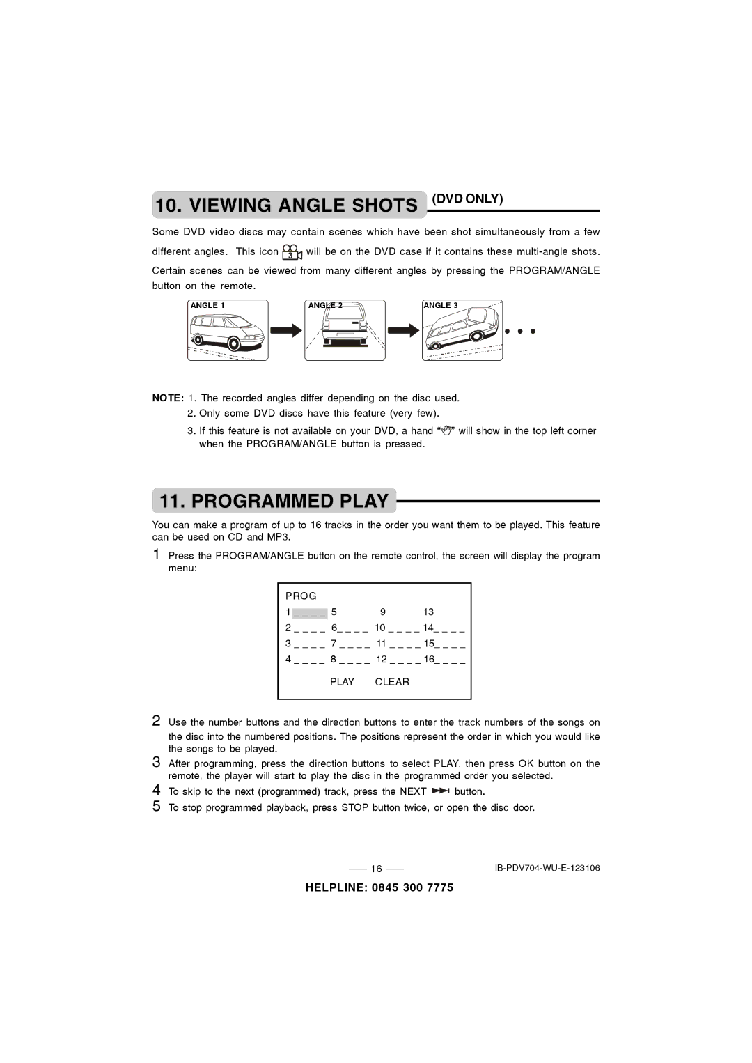 Durabrand PDV-704 instruction manual Viewing Angle Shots DVD only, Programmed Play 