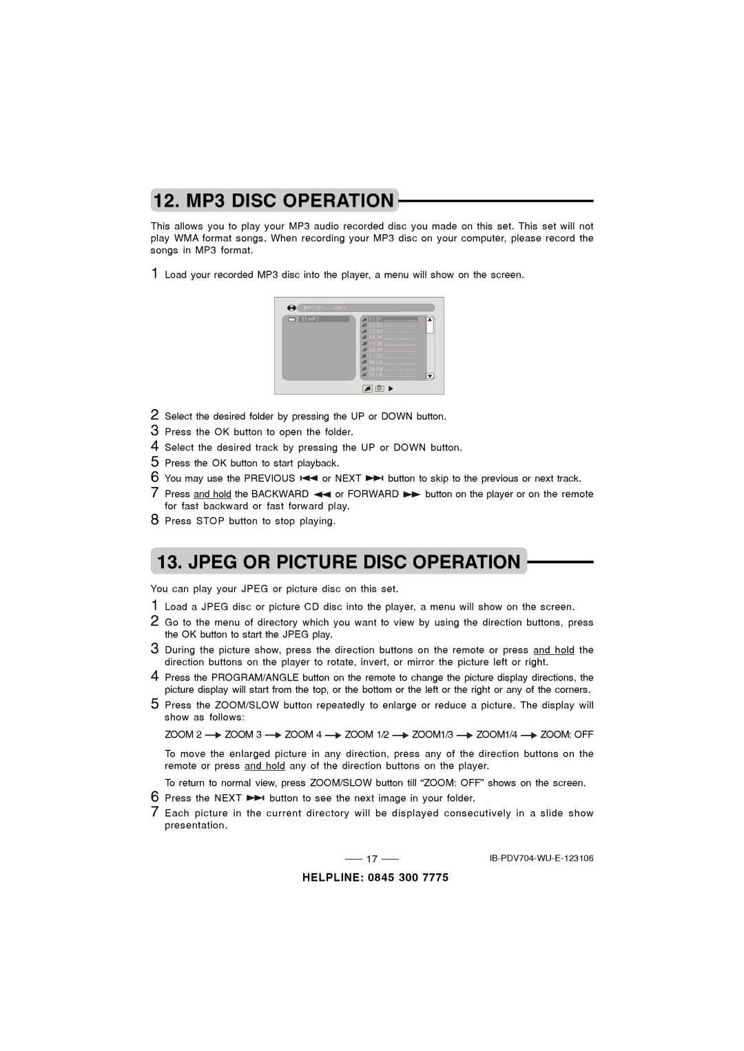 Durabrand PDV-704 instruction manual 12. MP3 Disc Operation, Jpeg or Picture Disc Operation 