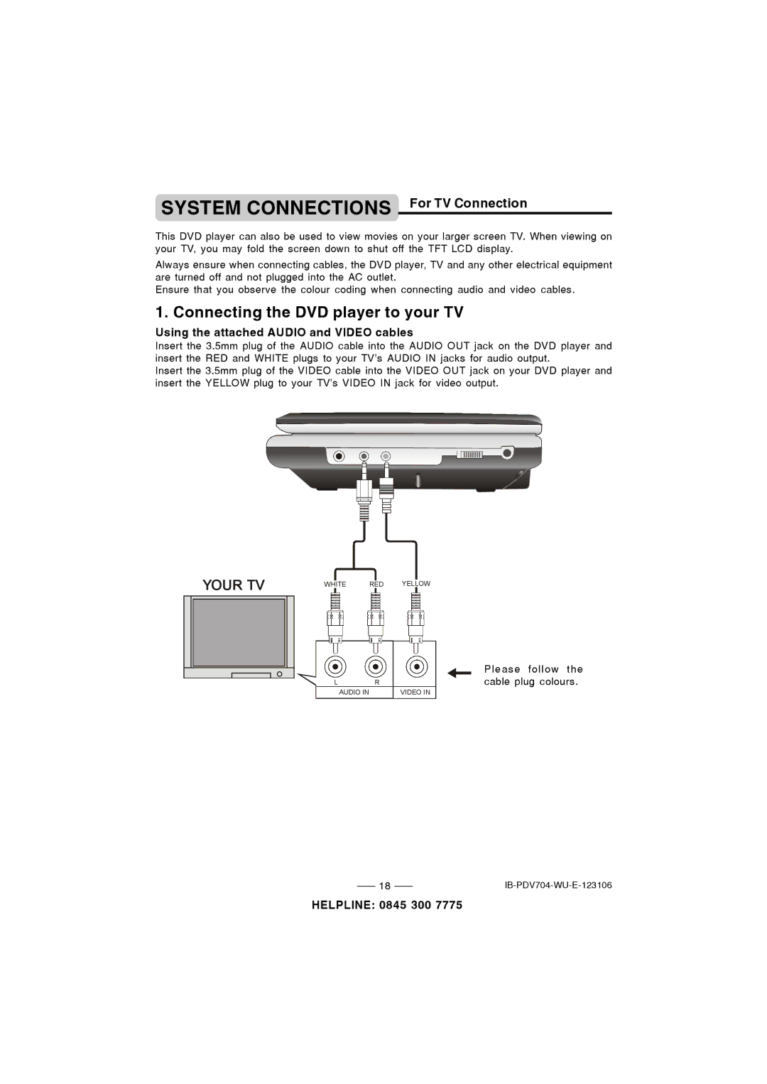 Durabrand PDV-704 instruction manual System Connections For TV Connection, Using the attached Audio and Video cables 