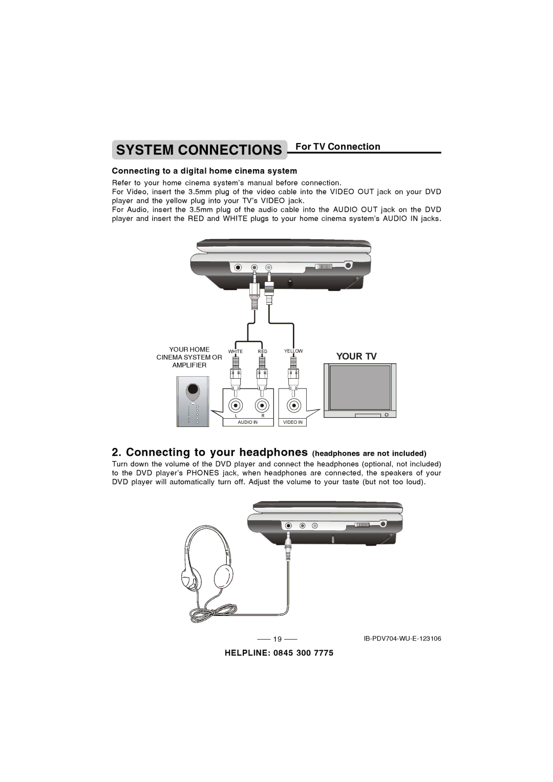 Durabrand PDV-704 Connecting to your headphones headphones are not included, Connecting to a digital home cinema system 