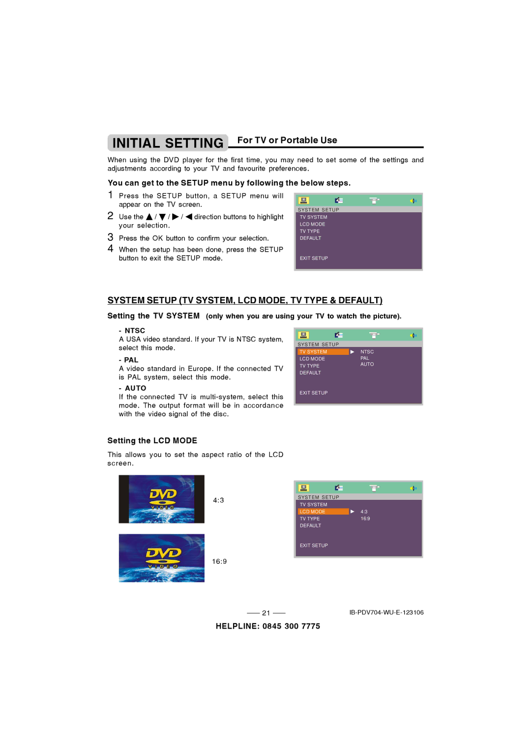 Durabrand PDV-704 Initial Setting For TV or Portable Use, System Setup TV SYSTEM, LCD MODE, TV Type & Default 