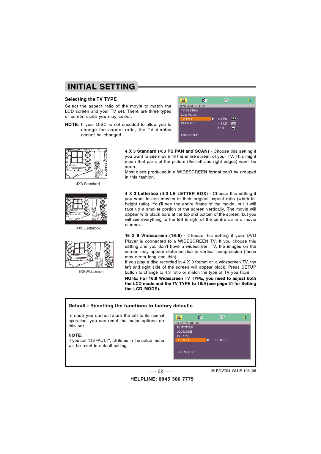 Durabrand PDV-704 Initial Setting, Selecting the TV Type, Default Resetting the functions to factory defaults 