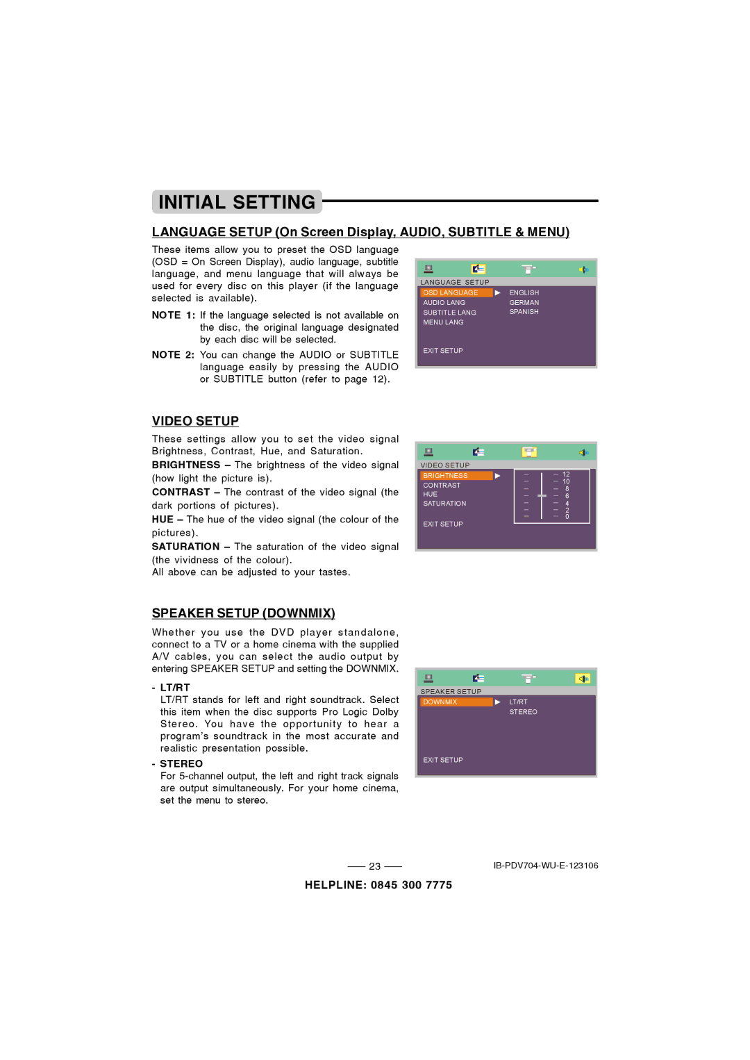 Durabrand PDV-704 Language Setup On Screen Display, AUDIO, Subtitle & Menu, Video Setup, Speaker Setup Downmix 