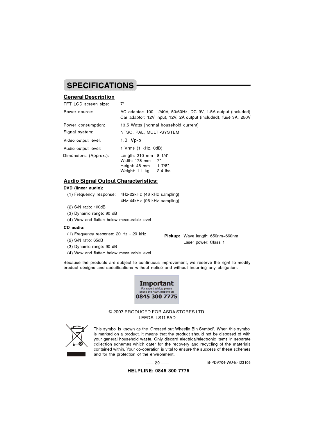 Durabrand PDV-704 Specifications, General Description, Audio Signal Output Characteristics, DVD linear audio, CD audio 