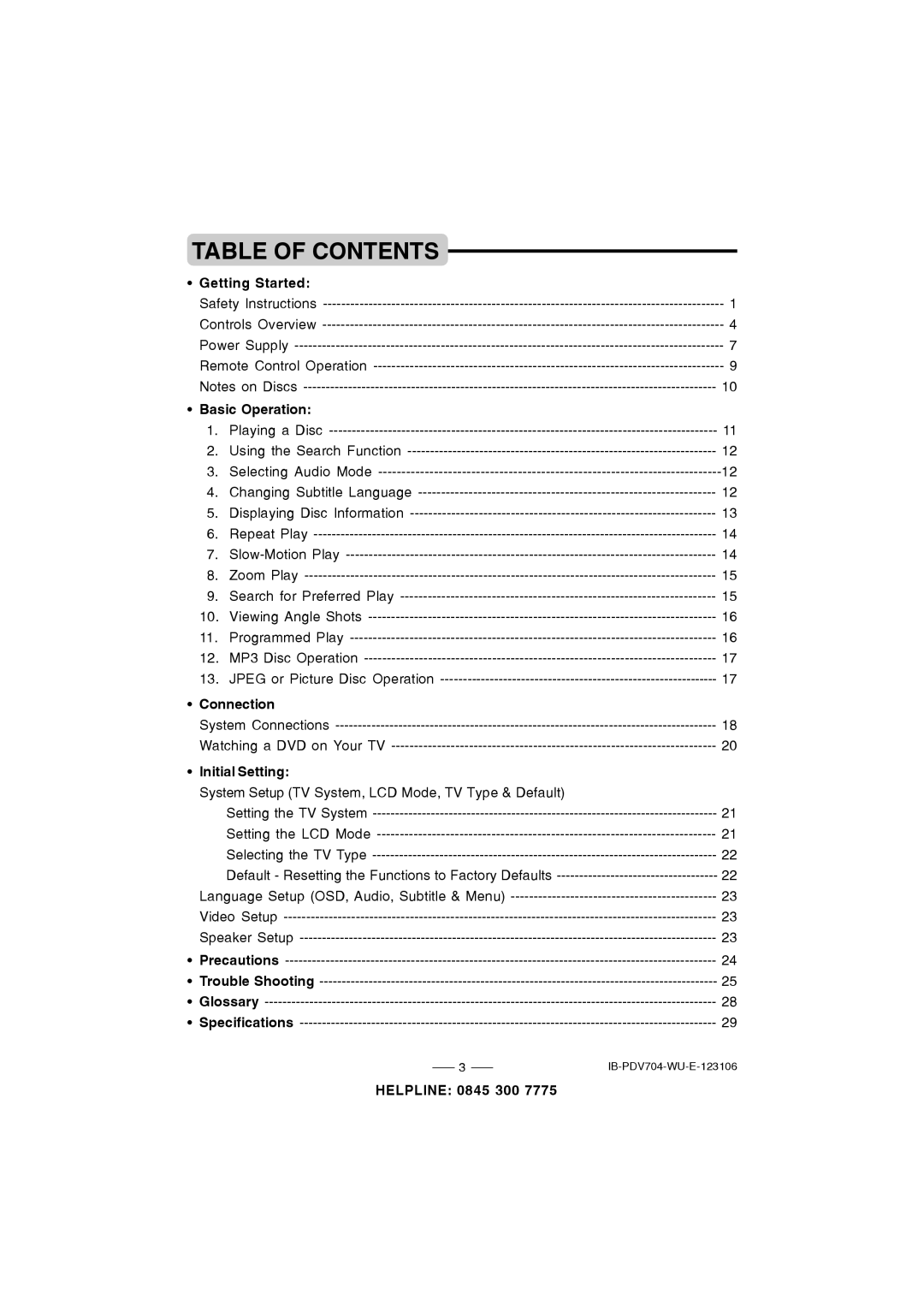 Durabrand PDV-704 instruction manual Table of Contents 