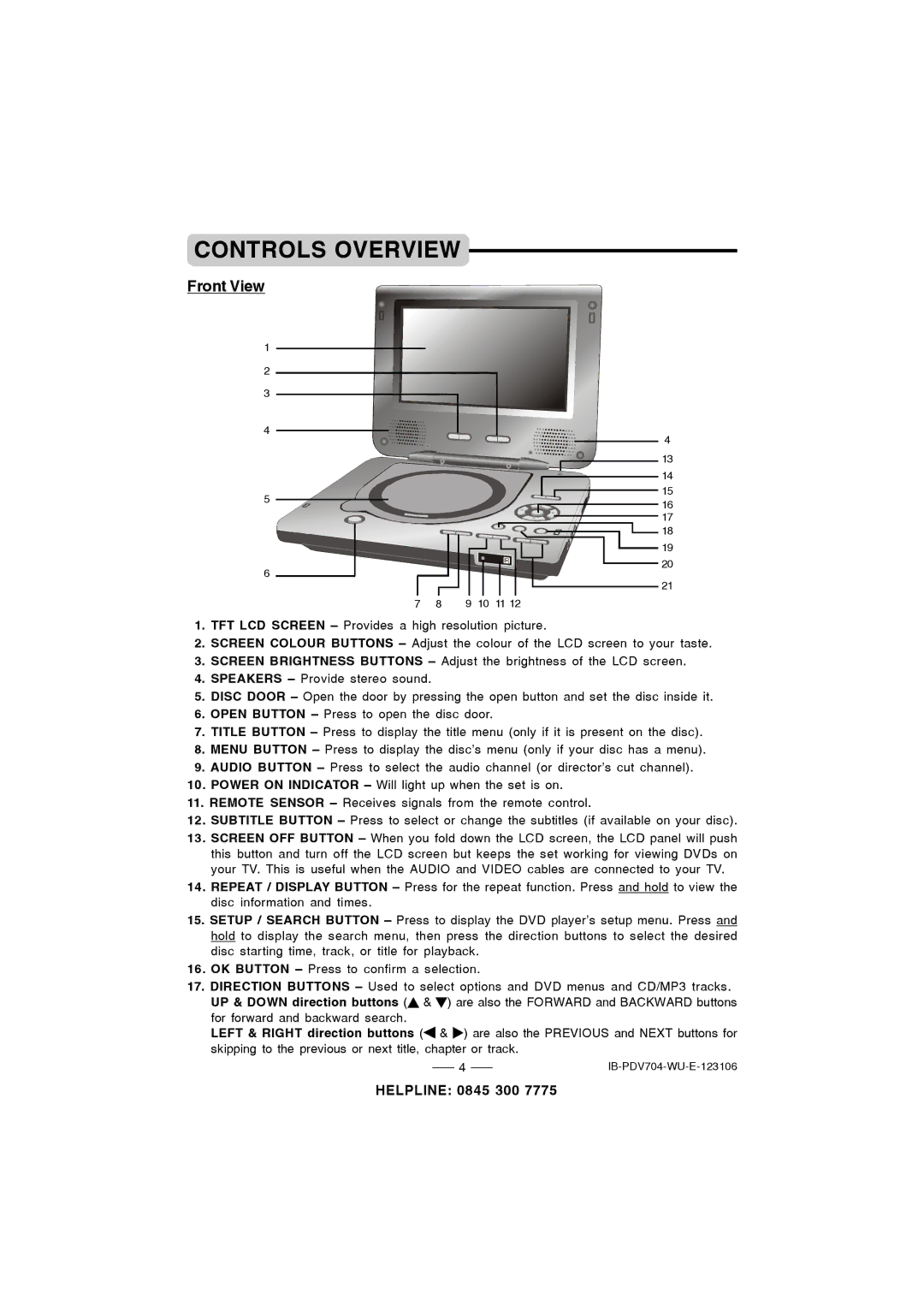 Durabrand PDV-704 instruction manual Controls Overview, Front View 