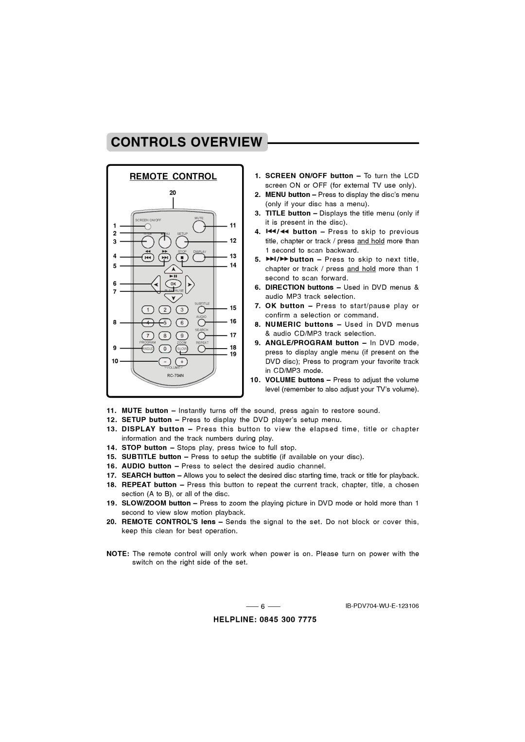 Durabrand PDV-704 instruction manual Remote Control 