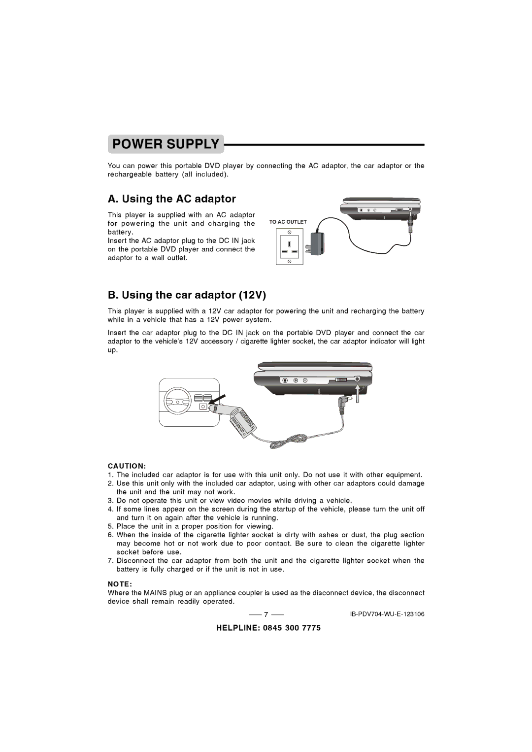 Durabrand PDV-704 instruction manual Power Supply, Using the AC adaptor 