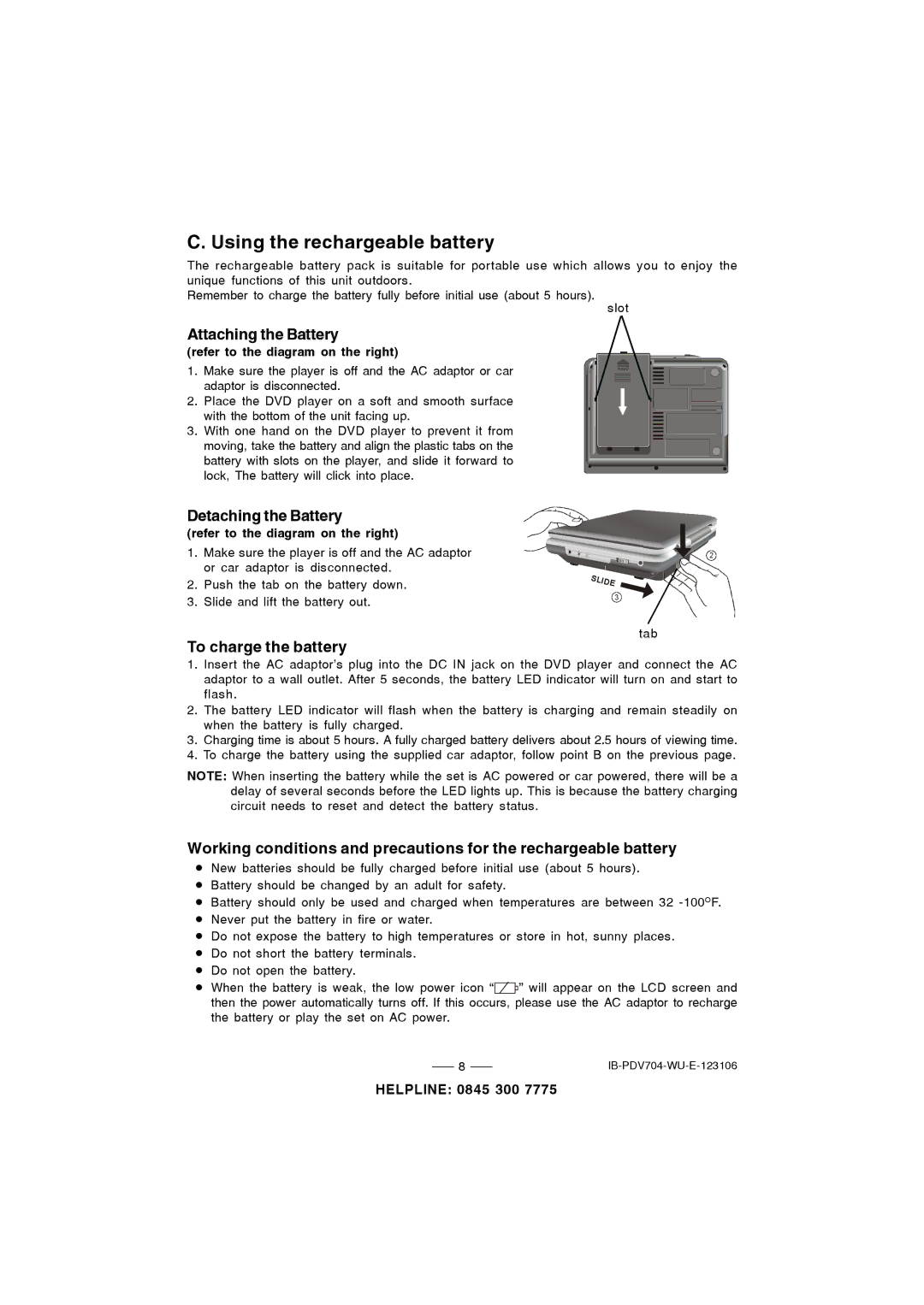 Durabrand PDV-704 Attaching the Battery, Detaching the Battery, To charge the battery, Refer to the diagram on the right 