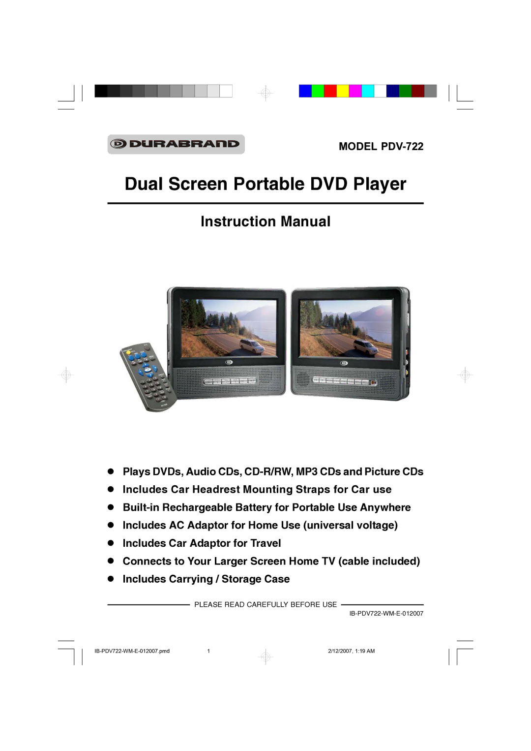 Durabrand PDV-722 instruction manual Dual Screen Portable DVD Player 