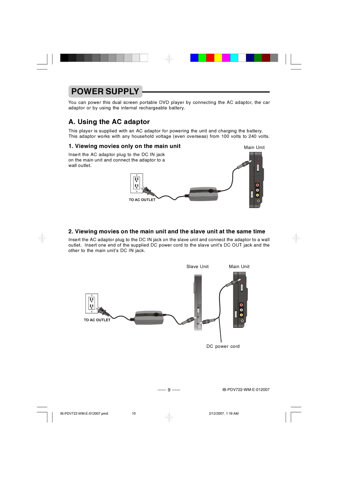 Durabrand PDV-722 instruction manual Power Supply, Using the AC adaptor, Viewing movies only on the main unit 