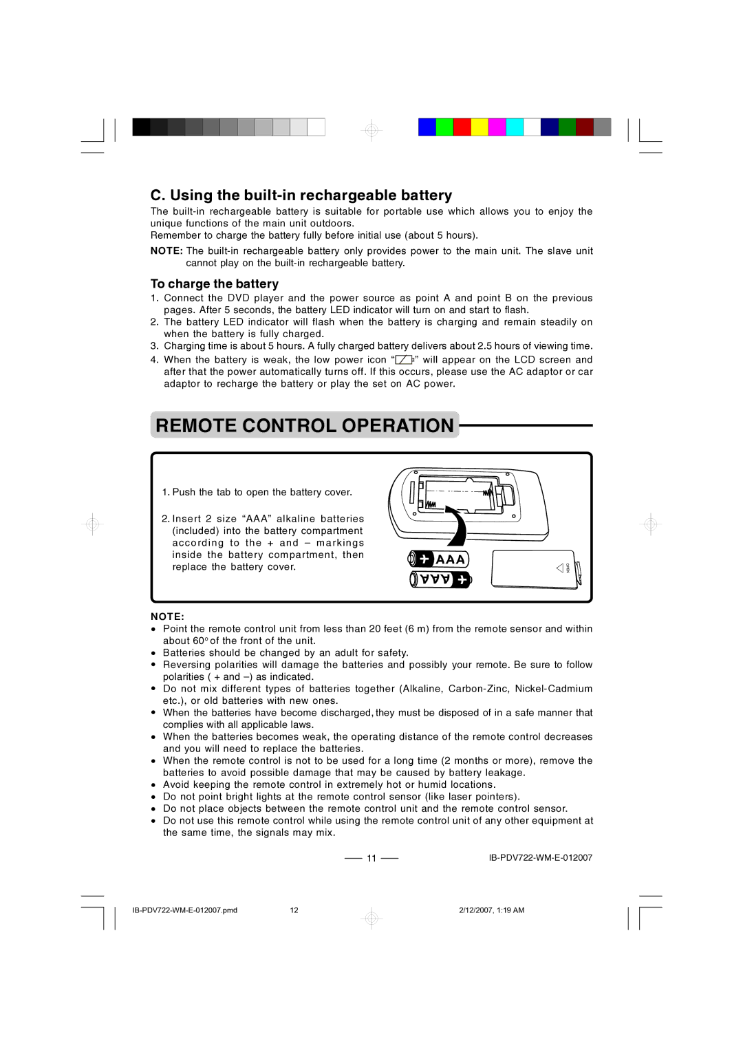 Durabrand PDV-722 Remote Control Operation, Using the built-in rechargeable battery, To charge the battery 