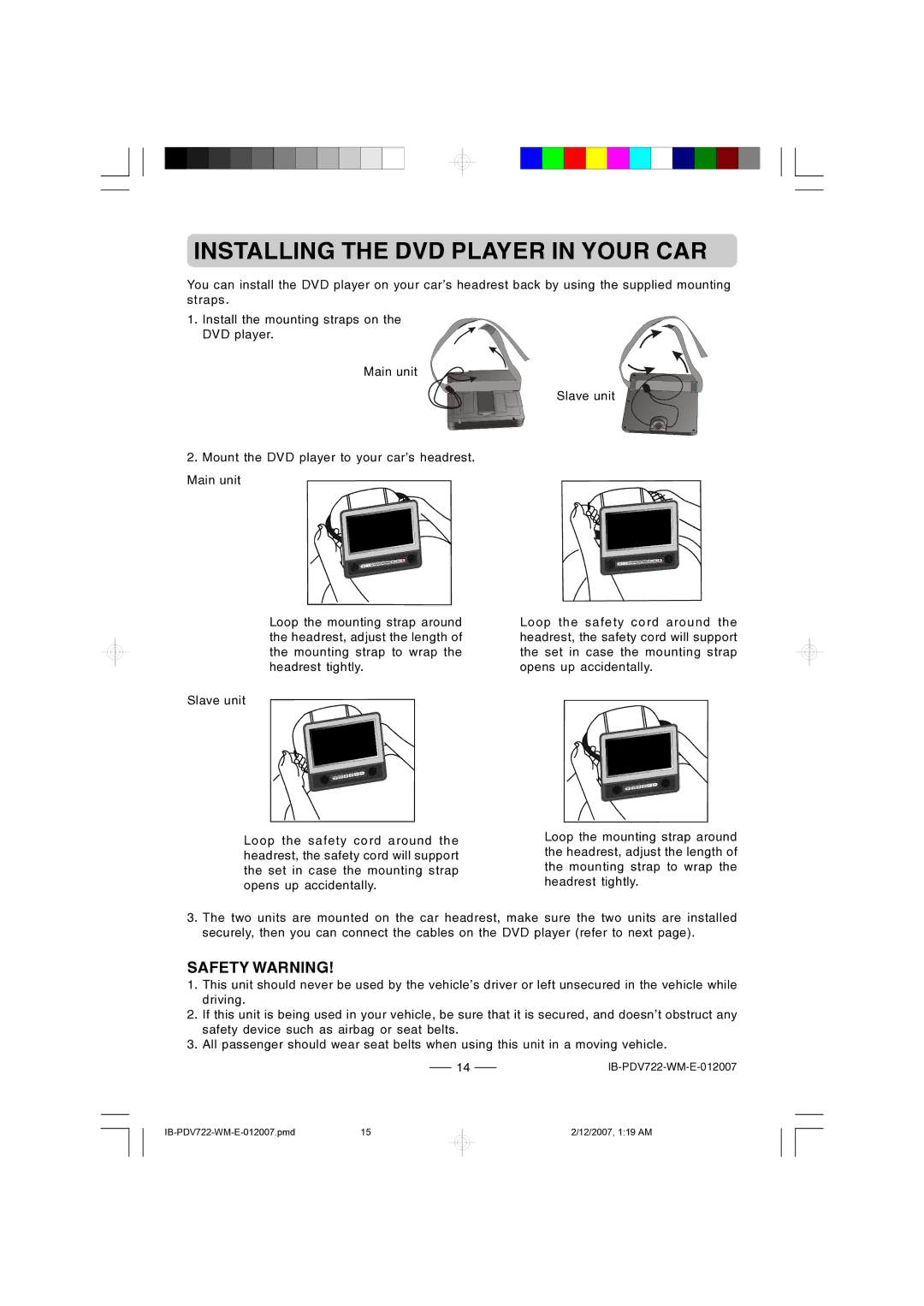 Durabrand PDV-722 instruction manual Installing the DVD Player in Your CAR, Safety Warning 