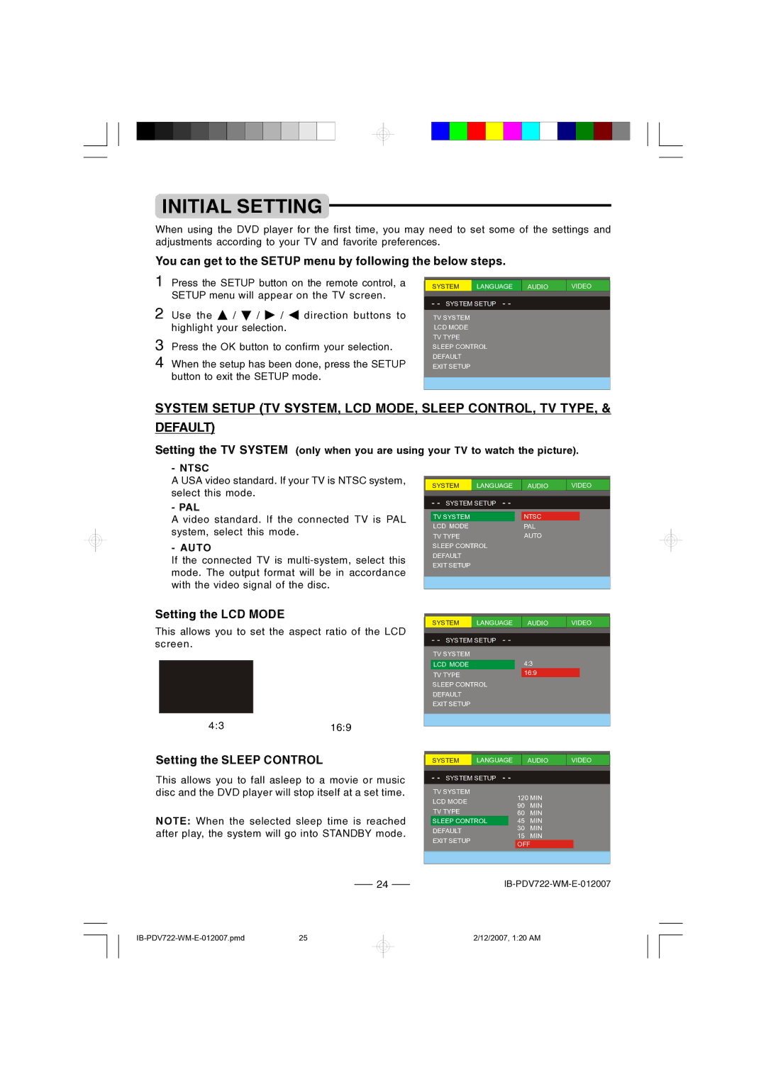 Durabrand PDV-722 Initial Setting, You can get to the Setup menu by following the below steps, Setting the LCD Mode 