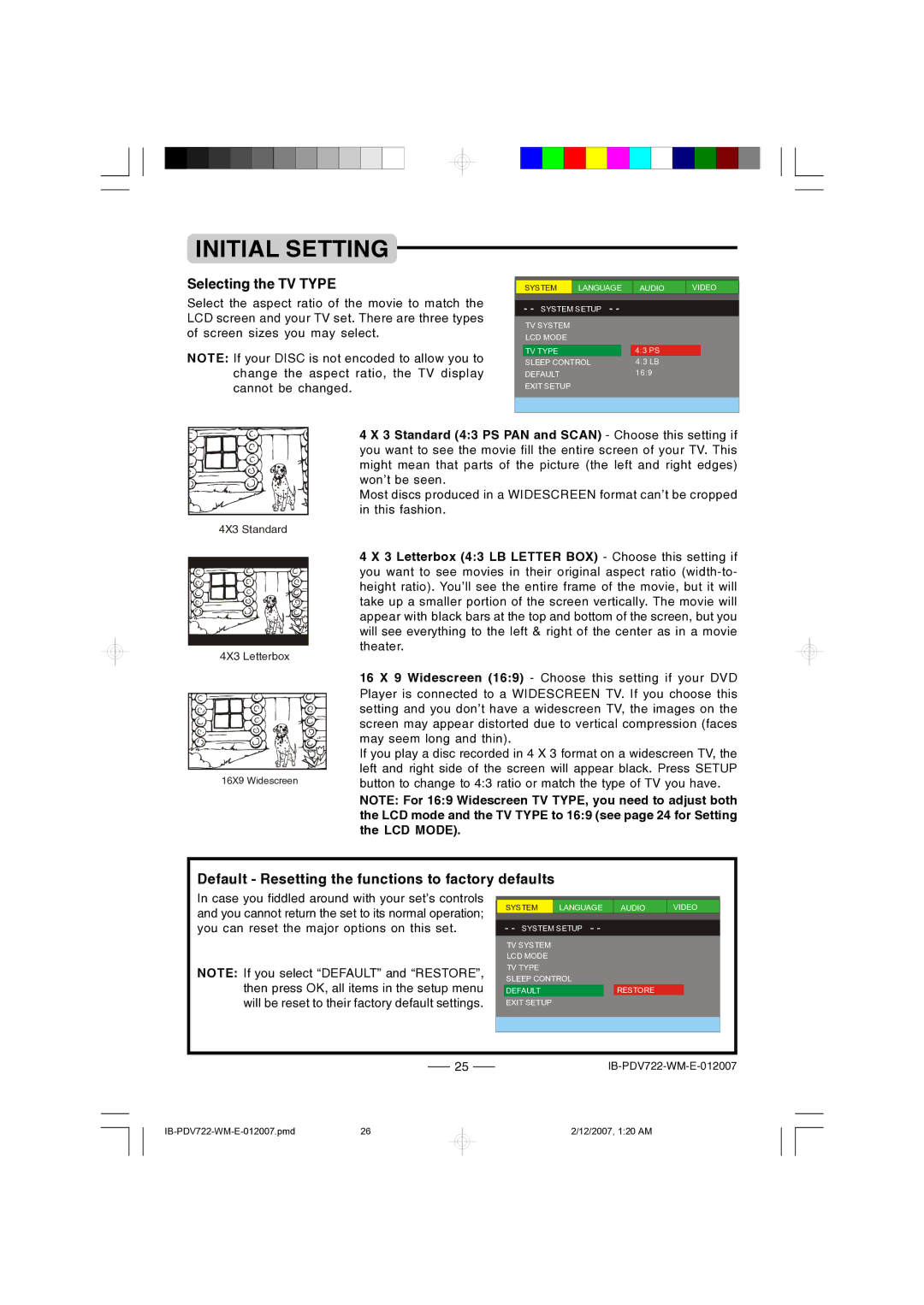 Durabrand PDV-722 instruction manual Selecting the TV Type, Default Resetting the functions to factory defaults, LCD Mode 