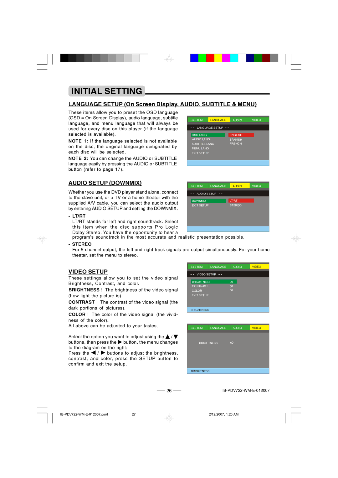 Durabrand PDV-722 Language Setup On Screen Display, AUDIO, Subtitle & Menu, Audio Setup Downmix, Video Setup, Lt/Rt 