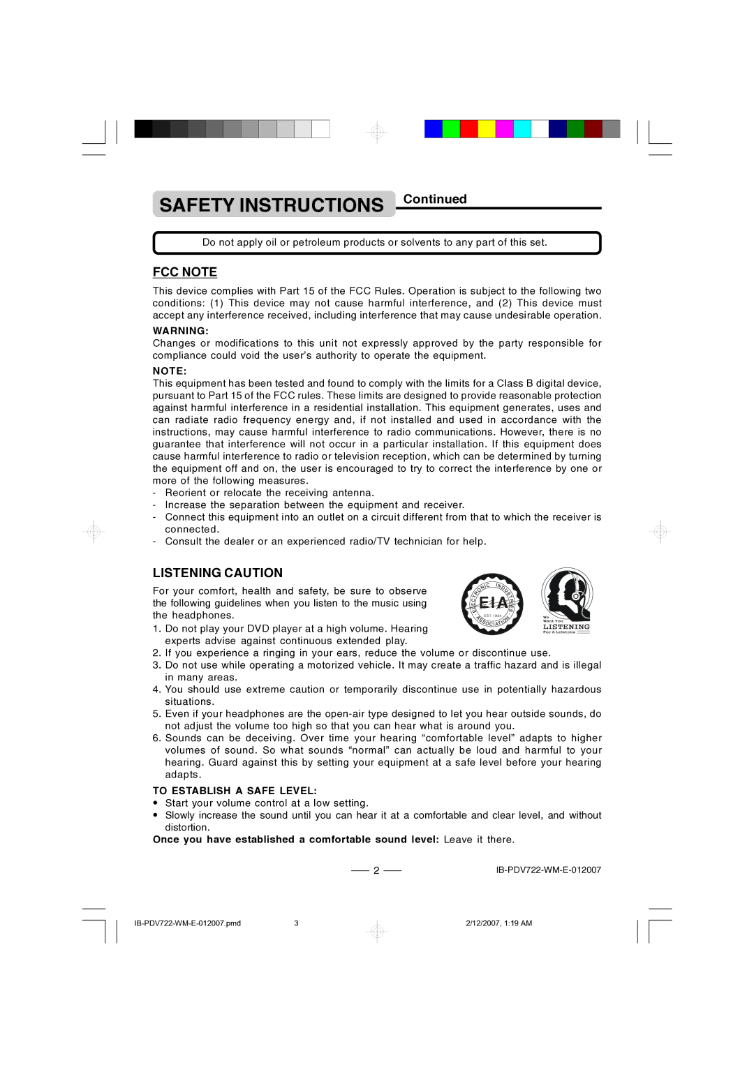 Durabrand PDV-722 instruction manual FCC Note, Listening Caution, To Establish a Safe Level 