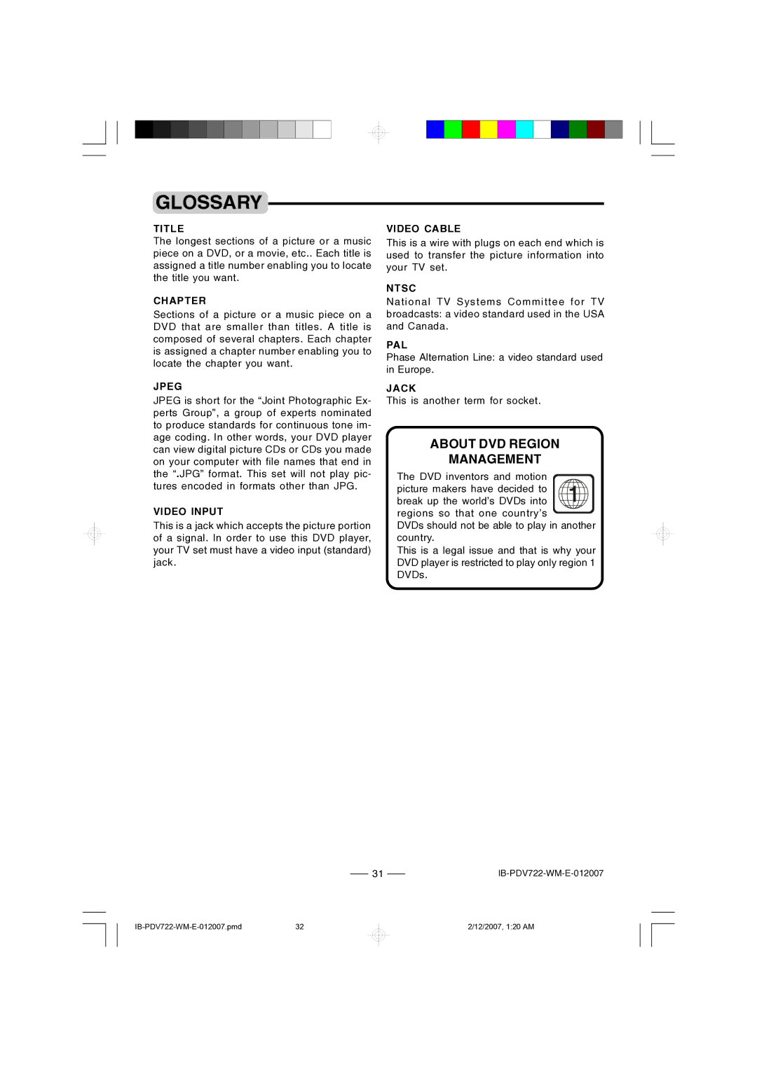 Durabrand PDV-722 instruction manual Glossary, About DVD Region Management 