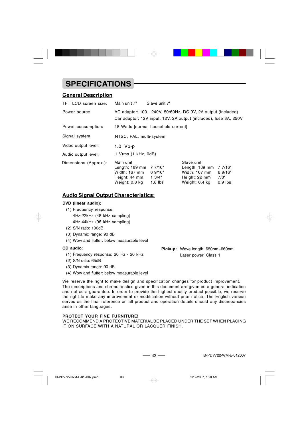 Durabrand PDV-722 Specifications, General Description, Audio Signal Output Characteristics, Protect Your Fine Furniture 