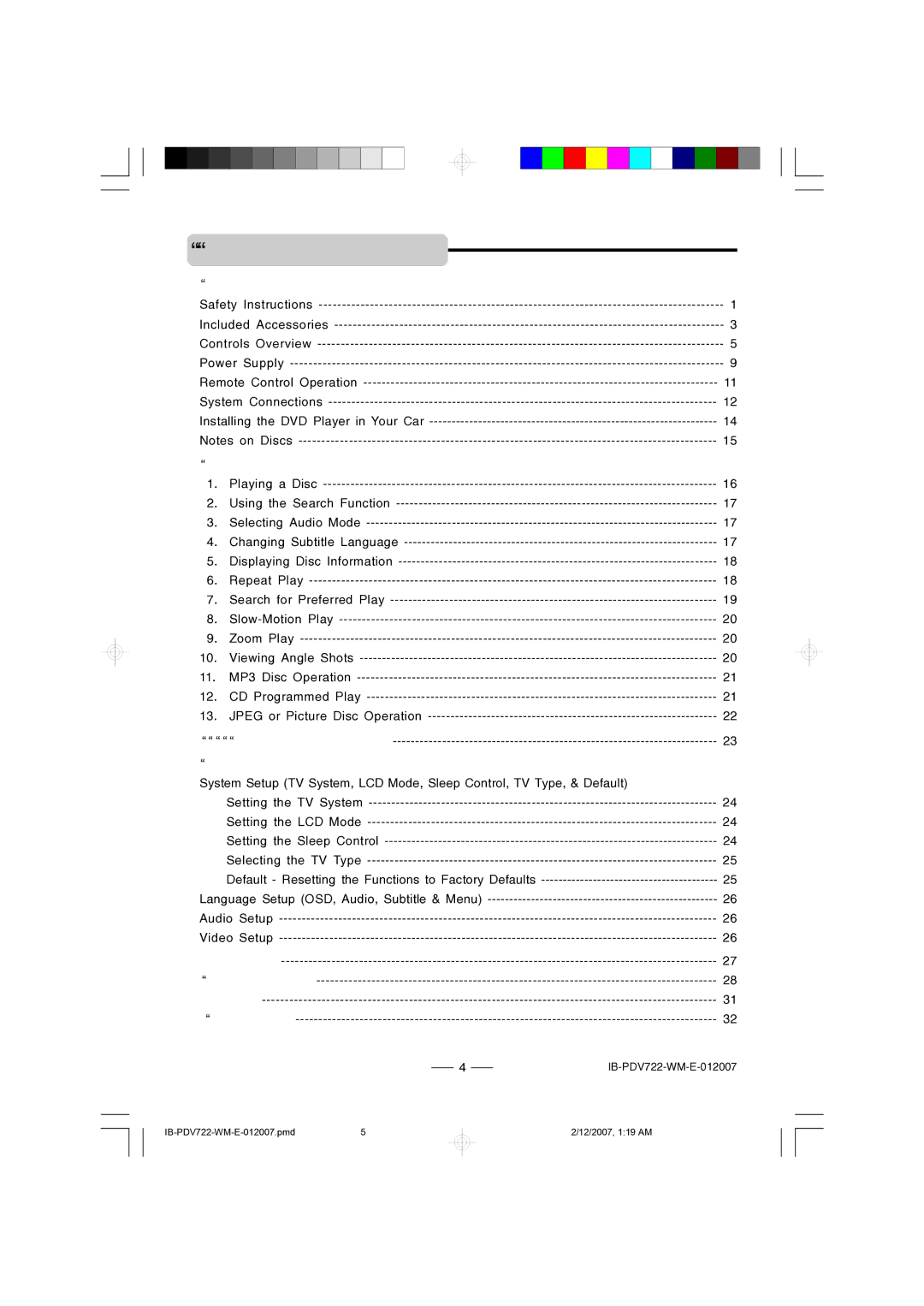 Durabrand PDV-722 instruction manual Table of Contents 