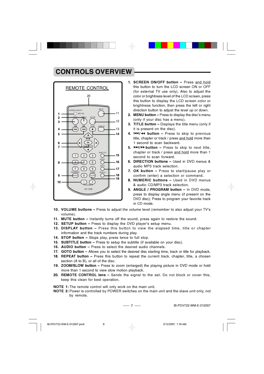 Durabrand PDV-722 instruction manual Remote Control 