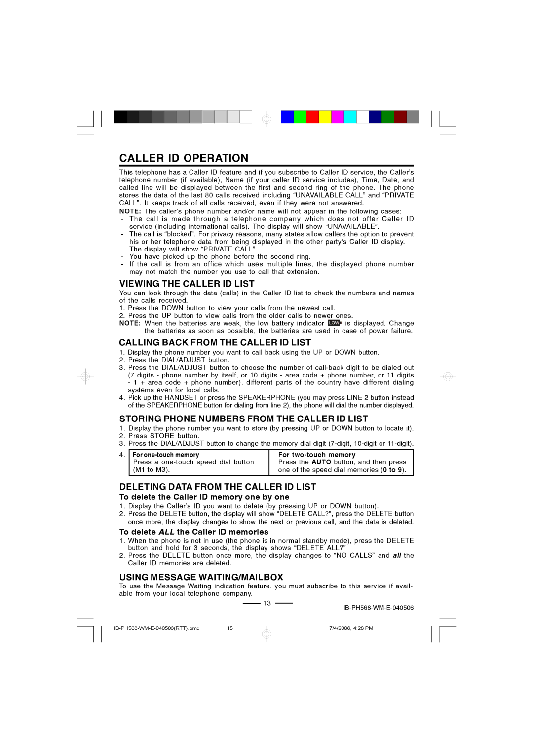 Durabrand PH-568 operating instructions Caller ID Operation 