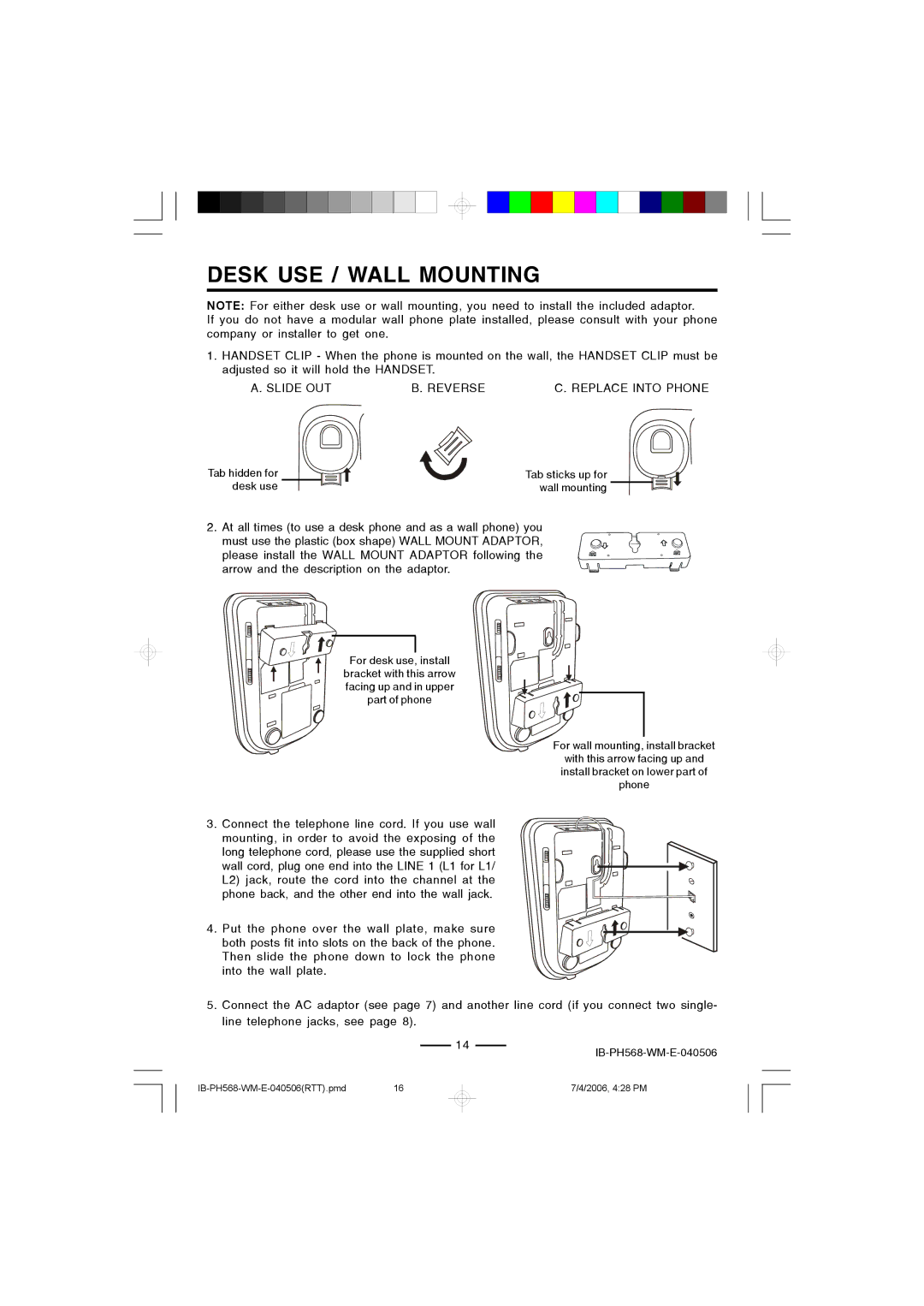 Durabrand PH-568 operating instructions Desk USE / Wall Mounting 