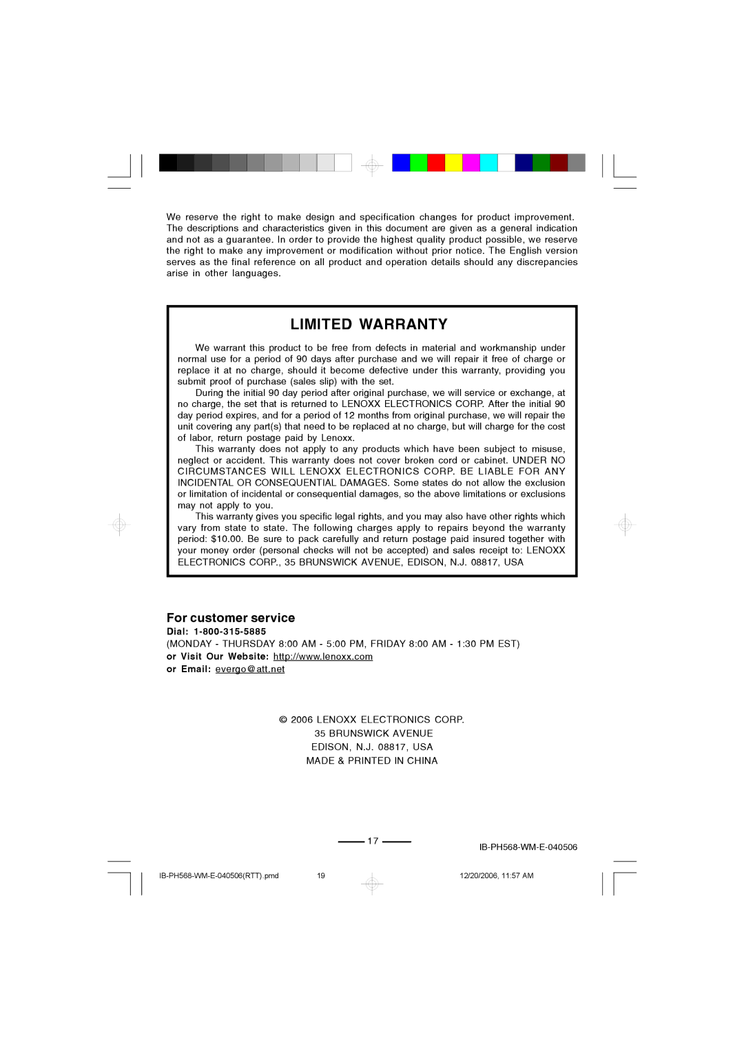 Durabrand PH-568 operating instructions Limited Warranty, For customer service 