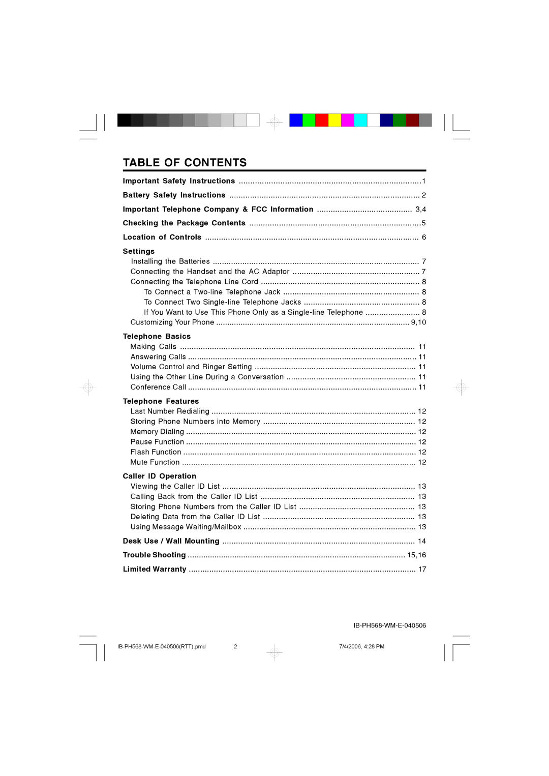 Durabrand PH-568 operating instructions Table of Contents 