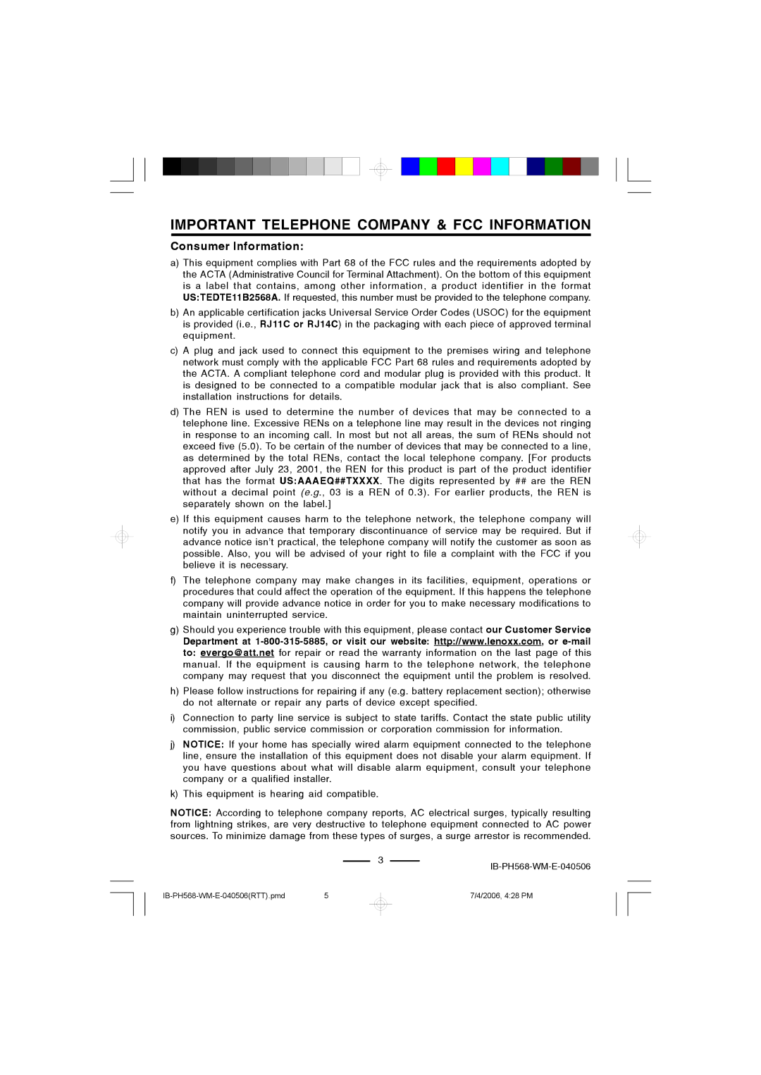 Durabrand PH-568 operating instructions Important Telephone Company & FCC Information 