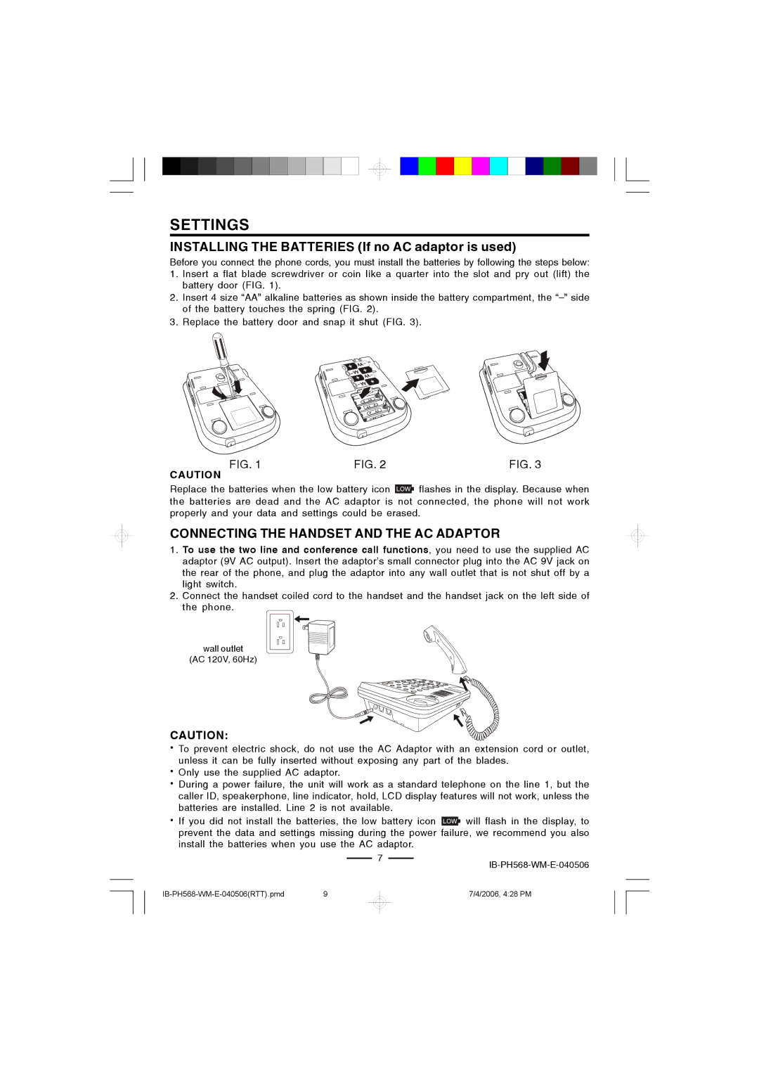 Durabrand PH-568 operating instructions Settings, Connecting the Handset and the AC Adaptor 