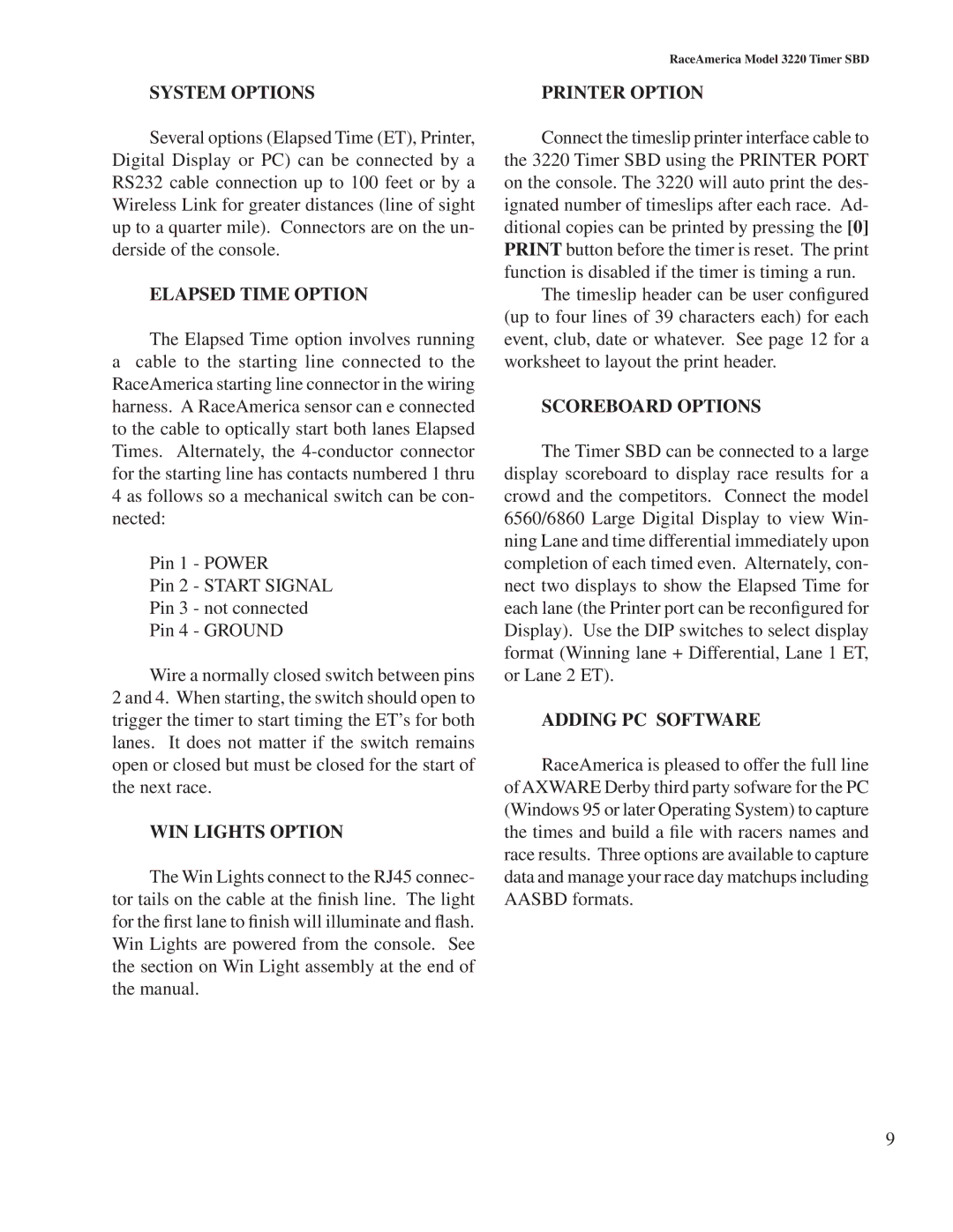 Duracell 3220 owner manual System Options, Elapsed Time Option, WIN Lights Option, Printer Option, Scoreboard Options 