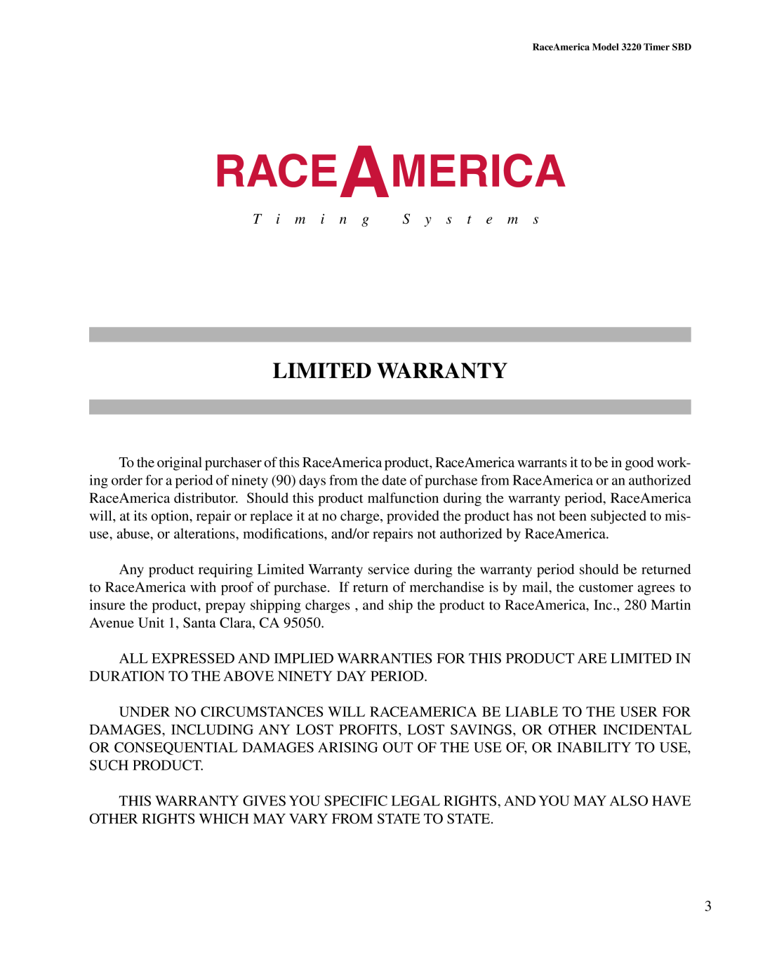Duracell 3220 owner manual Raceamerica, Limited Warranty, T i m i n g, S y s t e m s 