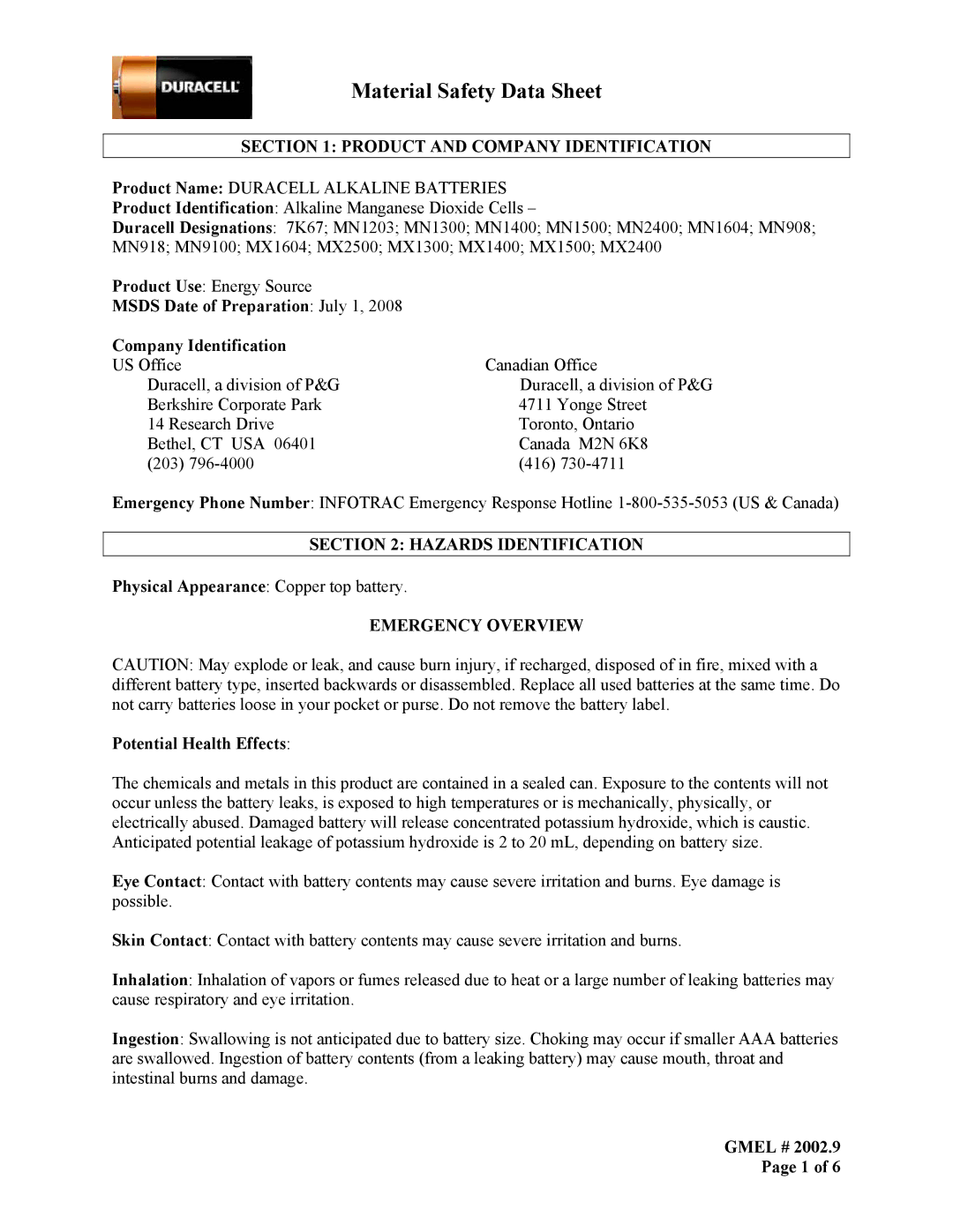 Duracell MN908, 7k 67, MN 2400, MX1400 manual Product and Company Identification, Hazards Identification, Emergency Overview 