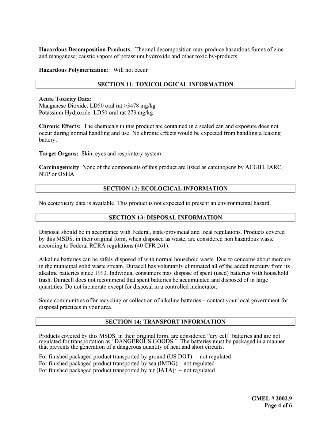 Duracell MX1400, 7k 67 manual Toxicological Information, Ecological Information, Disposal Information, Transport Information 