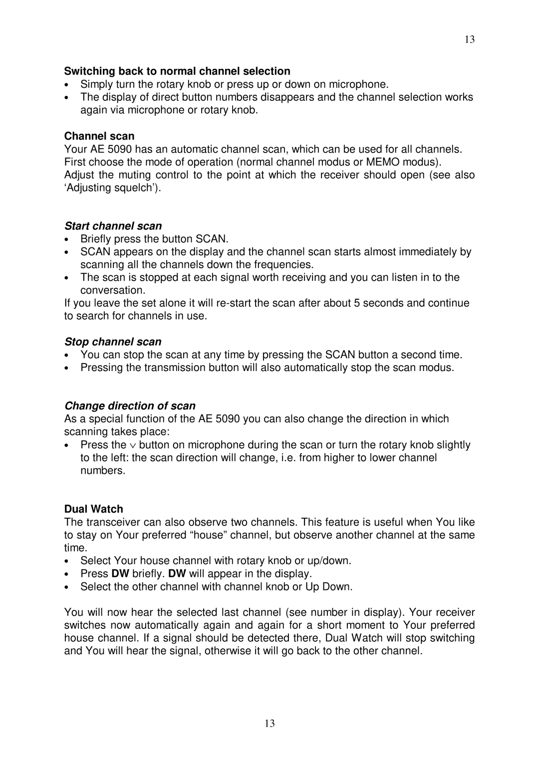 Duracell AE 5090 manual Switching back to normal channel selection, Channel scan, Dual Watch 